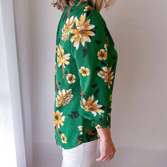 emerald green and yellow flower blouse - Picture 5 of 15
